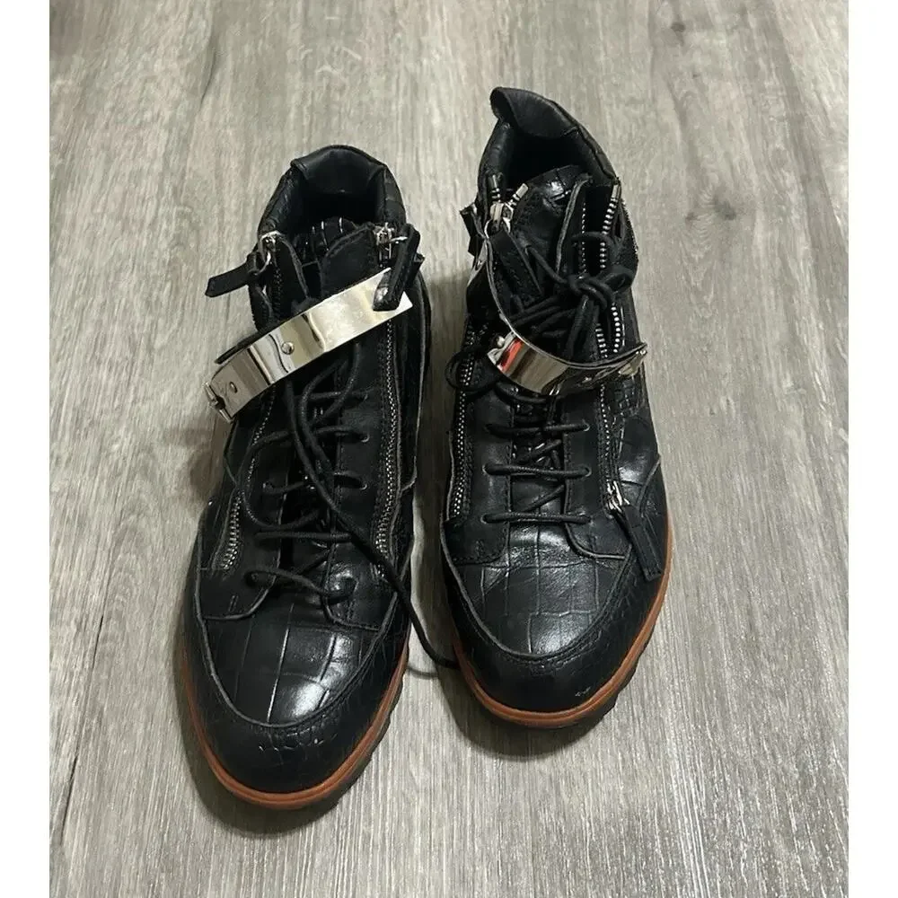 Giuseppe Zanotti Black Croc Embossed Leather High Top Sneakers Double Zip EU 39